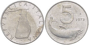 ИТАЛИЯ 5 ЛИР 1973 R, ДЕЛЬФИН, РУЛЬ KM 92 алюминий 4551-126