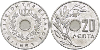 Греция 20 лепта 1959 Павел I (1947-1964), оливковая ветвь KM 79 алюминий UNC 28-531