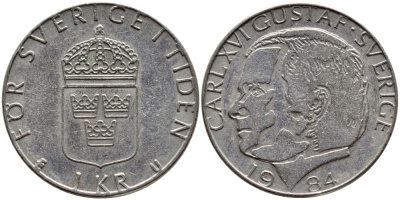 Швеция 1 крона 1984 Карл XVI Густав (1973- ) KM 852a медно-никель 4397-1134