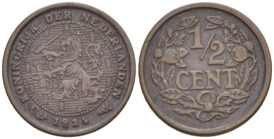 НИДЕРЛАНДЫ 1/2 ЦЕНТА 1914 ВИЛЬГЕЛЬМИНА I (1891-1948) KM 138 бронза 4547-1243