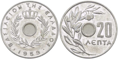 Греция 20 лепта 1959 Павел I (1947-1964), оливковая ветвь KM 79 алюминий UNC 28-531