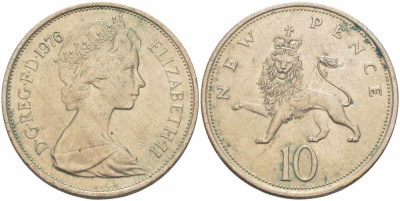 Великобритания 10 пенсов 1976 Елизавета II (1952-2022) KM 912, Spink 4231 (F1) медно-никель  29-941