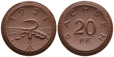 Саксония 20 пфеннигов 1921 колосья и серп J. N 53 фарфор UNC 1094-8-21