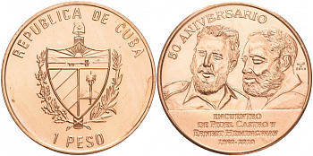 Куба 1 песо 2010 50 лет встрече Фиделя Кастро и Эрнеста Хемингуэя KM 954a медь UNC M27-15