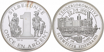 ШВЕЙЦАРИЯ 1 УНЦИЯ ND 150 ЛЕТ ШВЕЙЦАРСКИМ ЖЕЛЕЗНЫМ ДОРОГАМ, ПАРОВОЗ Eb 2/4, 1 OZ. серебро PROOF 00-000-00