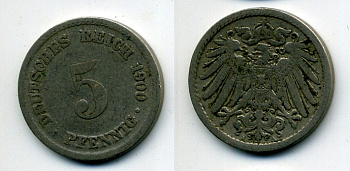 ГЕРМАНИЯ 5 ПФЕННИГОВ 1900 A, KM 11, J. 12 медно-никель 58-1233