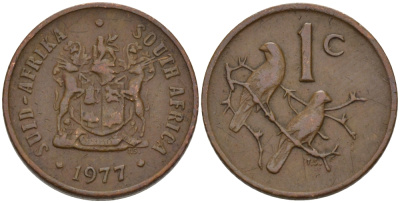 ЮАР 1 ЦЕНТ 1977 ГЕРБ, КАПСКИЕ ВОРОБЬИ KM 82 бронза 66-256