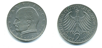 ФРГ 2 марки 1962 J, Макс Планк J 392, KM 116 медно-никель плакированный никелем 53-411