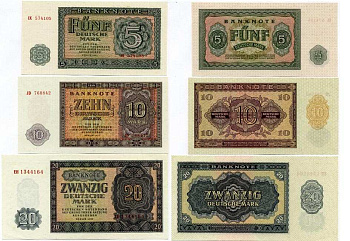 ГДР набор из 5 банкнот 1955 полный комплект (5, 10, 20, 50, 100 марок) Pick 17, 18а, 19а, 20а, 21, Rosenberg 349a, 350a, 351a, 352a, 353a бумага UNC (ПРЕСС) 8613-8-1