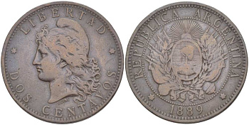Аргентина 2 сентаво 1889 голова Свободы влево KM 8 бронза 4512-732