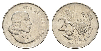 ЮАР 20 центов 1966 Ян ван Рибек (1619-1677), Suid Africa, легенда на африкаанс, цветок протея KM 69.2 никель 4603-934