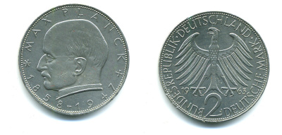 ФРГ 2 марки 1962 J, Макс Планк J 392, KM 116 медно-никель плакированный никелем 53-411