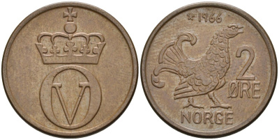 Норвегия 2 эре 1966 глухарь, Улаф V (1958-1991) KM 410 бронза аUNC 4582-531
