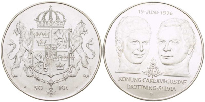 Швеция 50 крон 1976 U, королевская свадьба Карла XVI и королевы Сильвии KM 854 серебро UNC 413-1035