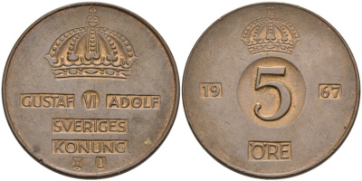 Швеция 5 эре 1967 U, Густав VI Адольф (1950-1973) KM 822 бронза 4571-823