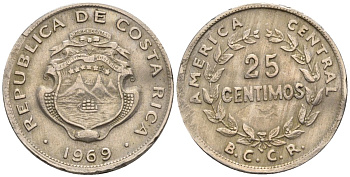 Коста-Рика 25 сентимо 1969 (1970) KM 188.1, Schoen 43 медно-никель 4116-714
