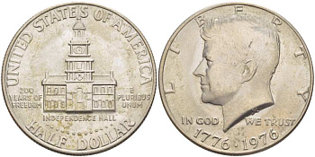 США 50 центов = 1/2 доллара 1976 200 лет независимости, Джон Кеннеди KM 205 медь плакированная медно-никелем 32-124