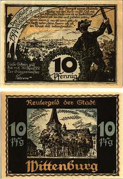 ВИТТЕНБУРГ 10 ПФЕННИГОВ 1922 НОТГЕЛЬД, МАЙ 1922 - 30 АПРЕЛЯ 1922, ЗЕМЛЯ САКСОНИЯ-АНХАЛЬТ Grabowski 1445.1 бумага 7548-117-2-1