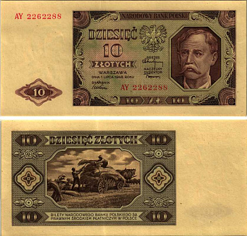 ПОЛЬША 10 ЗЛОТЫХ 1948 1 ИЮЛЯ 1948, НАРОДНАЯ РЕСПУБЛИКА Pick 136 бумага UNC (ПРЕСС) 00-00