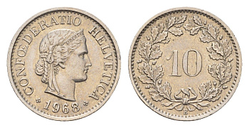 Швейцария 10 раппенов 1968 B KM 27 медно-никель 187-516