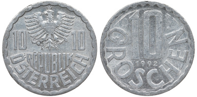 АВСТРИЯ 10 ГРОШЕЙ 1992 KM 2878 алюминий 62-743