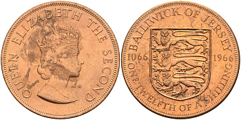 Джерси 1/12 шиллинга 1966 900 лет Нормандскому завоеванию KM 26 бронза UNC 4367-414