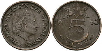 НИДЕРЛАНДЫ 5 ЦЕНТОВ 1950 ЮЛИАНА KM 181 бронза 95-236