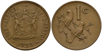 ЮАР 1 цент 1985 герб, капские воробьи KM 82 бронза 4154-1131