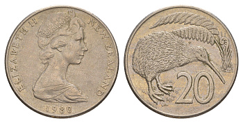 Новая Зеландия 20 центов 1980 Елизавета II (1952-2022), птичка киви KM 36.1 медно-никель 4182-1153