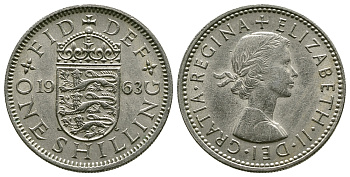 Великобритания 1 шиллинг 1963 Елизавета II (1952-2022), Английский герб KM 904, Spink 4147 медно-никель 4384-513