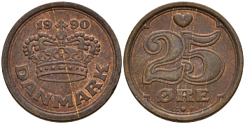 Дания 25 эре 1990 LG; JP; A, Маргрете II (1972-) KM 868.1 бронза    4602-669