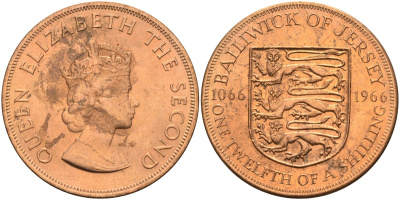 Джерси 1/12 шиллинга 1966 900 лет Нормандскому завоеванию KM 26 бронза UNC 4367-414