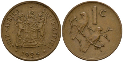 ЮАР 1 цент 1985 герб, капские воробьи KM 82 бронза 4154-1131