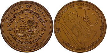 Либерия 5 долларов 2006 История зимних видов спорта, ниобий, бронзовая, бобслей, вес 15,55 гр., тираж 2006 экз.  ниобий  UNC  06-225-21