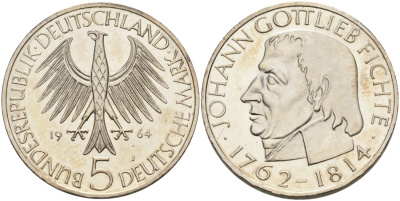 ФРГ 5 марок 1964 J, 150 лет со дня смерти Иоганна Готлиба Фихте J. 393, KM 118.1 серебро 1526-711