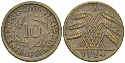 Германия 10 рентенпфеннигов  1924 J KM 33, J. 309, Weege 8 алюминиевая бронза 4175-454