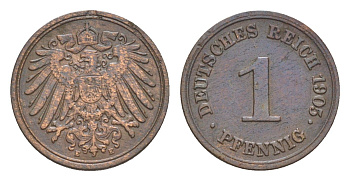 Германия 1 пфенниг 1905 E, Вильгельм II (1888-1918) KM 10, J. 10 медь 4639-1127