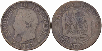 ФРАНЦИЯ 5 САНТИМОВ 1855 MA, НАПОЛЕОН III (1852-1870) KM 777.6, LE FRANC 116.27 бронза 108-341