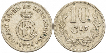 Люксембург 10 сантимов 1924 Шарлотта (1918-1964) KM 34 медно-никель 77-827