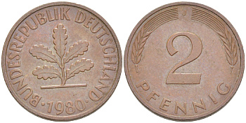 ФРГ 2 ПФЕННИГА 1980 J KM 106а, J. 381а сталь плакированная сталь плакированная медьюю 4181-837
