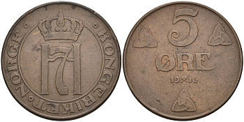 Норвегия 5 эре 1916 Хокон VII (1905-1957) KM 368 бронза 4591-937