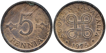 ФИНЛЯНДИЯ 5 ПЕННИ 1975 KM 45 медь 45-1216