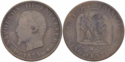 ФРАНЦИЯ 5 САНТИМОВ 1855 MA, НАПОЛЕОН III (1852-1870) KM 777.6, LE FRANC 116.27 бронза 108-341