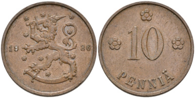 Финляндия 10 пенни 1936 республика (1918-1962) KM 24 медь 4563-617