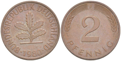 ФРГ 2 ПФЕННИГА 1980 J KM 106а, J. 381а сталь плакированная сталь плакированная медьюю 4181-837