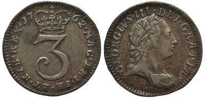Великобритания 3 пенса 1762 Георг III (1760-1820) KM 591, Spink 3753 серебро 1524-232
