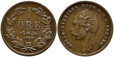 Швеция 1 эре 1858 L.A.  Оскар I (1844-1859) KM 687 бронза 1523-335