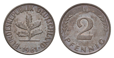 ФРГ 2 пфеннига 1961 G KM 106, J. 381 бронза 4618-718