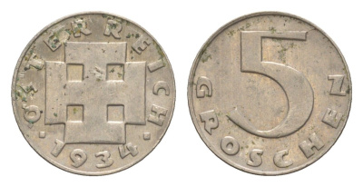 Австрия 5 грошей 1934 KM 2846 медно-никель 4564-1262