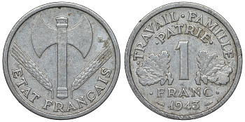 Франция 1 франк 1943 правительство Виши KM 902.1, Le Franc 223.3 алюминий 4128-345
